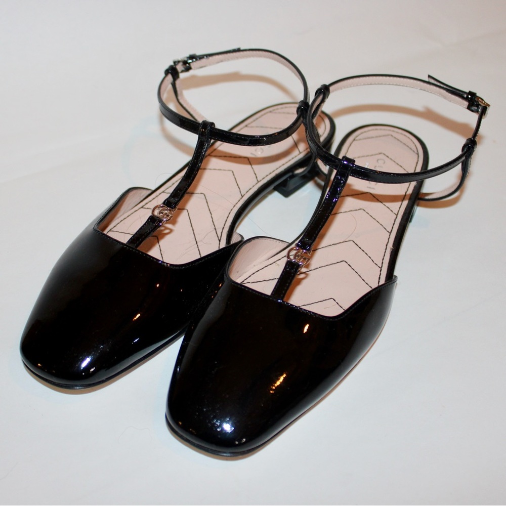 Gucci Marmont Double G Patent Leather T Strap Ballerina Flat Sandals EU: 38